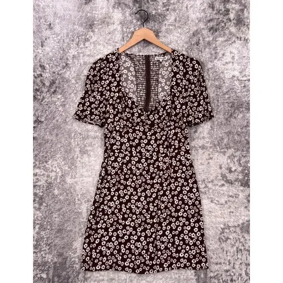 Reformation Dress 12 Womens Chocolate Brown Floral Plunge Smocked Mini - Picture 1 of 9
